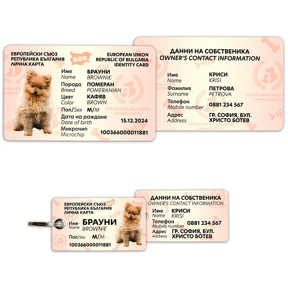 Лична карта с медальон за куче с име и номер